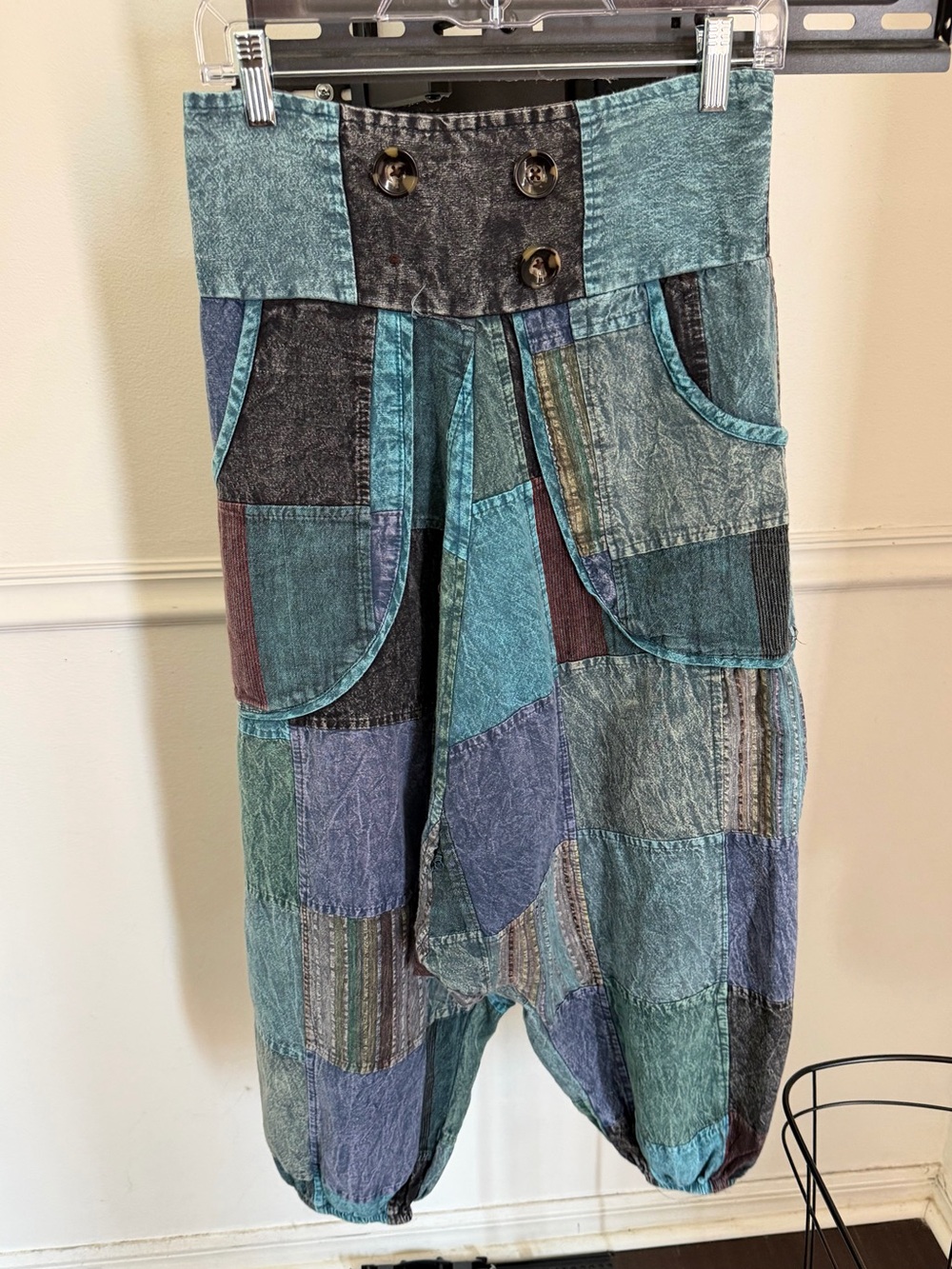 GOA Patchwork Boho Harem Pants in Teal Multi (missing one decorative button) - Picture 2 of 10